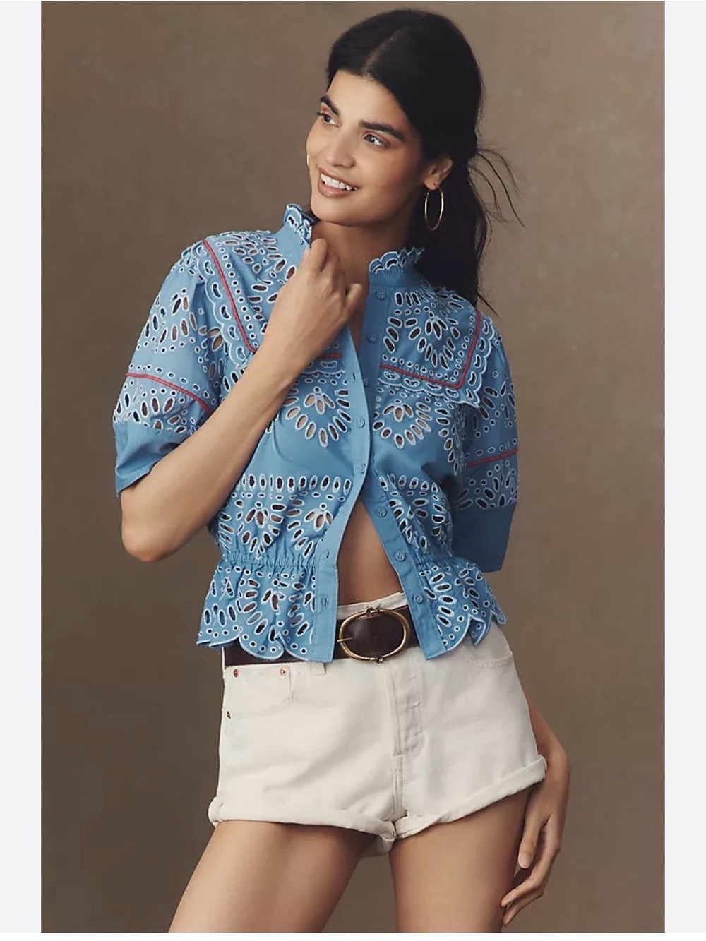 NWT Anthropologie Blue Eyelet Peplum Short-Sleeve Top